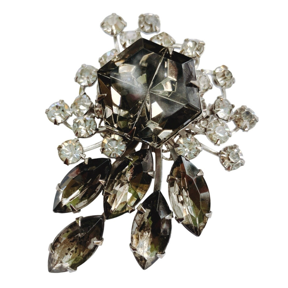 Vintage Mid Century Smoky Rhinestone Floral Spray Brooch, 1950s Silver Tone Pin